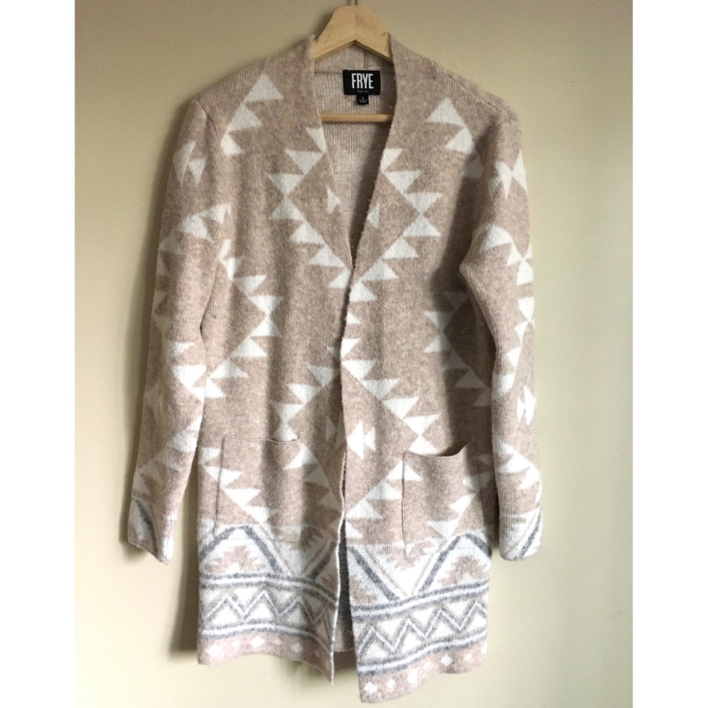 Frye Beige Geometric Southwestern Open Front Cardigan Sweater Size S